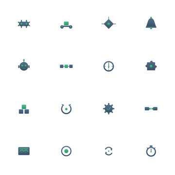 Automation icon set - 16 slate and green duotone vector icons. Gears, conveyor, workflow, bot, pipeline, scheduler, integration, dashboard and more symmetric flat RPA icons, isolated.