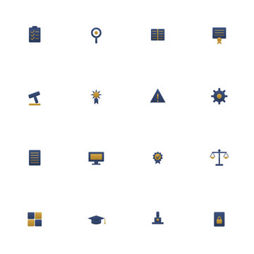 Compliance icon set - 16 navy and gold duotone vector icons. Checklist, audit, regulation, certificate, gavel, standard, risk, approval and more symmetric flat governance icons, isolated.