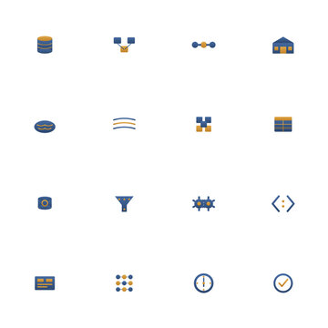 Data engineering icon set - 16 blue and amber duotone vector icons. Database, ETL, pipeline, warehouse, data lake, stream, schema, cluster and more symmetric flat data icons, isolated.