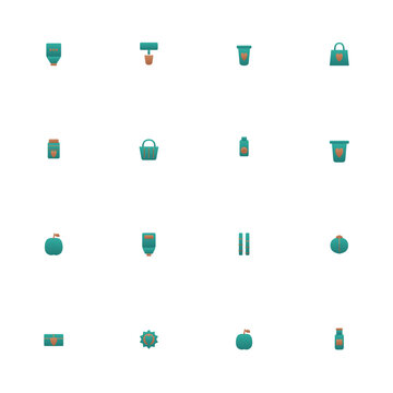 Zero waste icon set - 16 teal and terracotta duotone vector icons. Bulk bin, refill station, reusable cup, tote bag, mason jar, compost, bamboo and more symmetric flat eco retail icons, isolated.