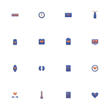 Chronic illness icon set - 16 indigo and coral duotone vector icons. Pill organizer, blood pressure, ECG, inhaler, medication, telehealth, care plan and more symmetric flat medical icons, isolated.
