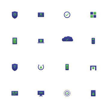 Zero trust icon set - 16 indigo and lime duotone vector icons. Zero trust, identity, verification, segmentation, endpoint, cloud security, gateway and more symmetric flat network security icons.