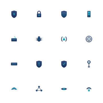 Cyber security icon set - 16 blue and cyan duotone vector icons. Shield, padlock, firewall, two-factor, phishing, malware, VPN, threat scan and more symmetric flat security icons, isolated.