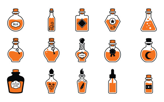 Set of halloween vector elements featuring various magical potion bottles and mystical glass flasks for spooky holiday designs