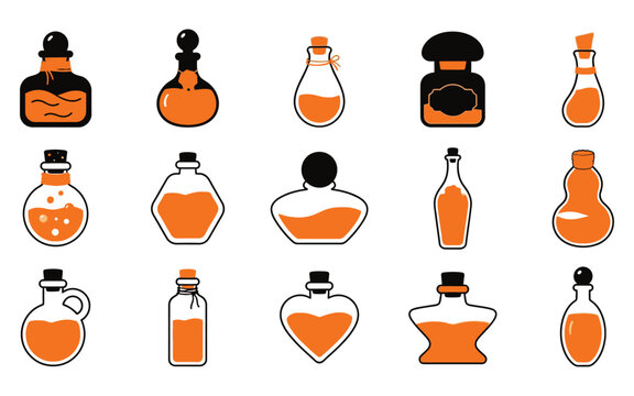Set of halloween vector elements featuring various glass potion bottles with orange liquid for spooky holiday design projects