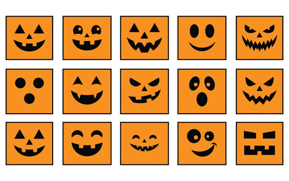 Set of various scary and funny jack o lantern faces as halloween vector elements for holiday design projects