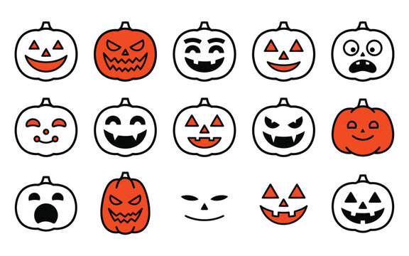 Set of cute and spooky halloween vector elements featuring various carved pumpkin jack o lantern faces for holiday design