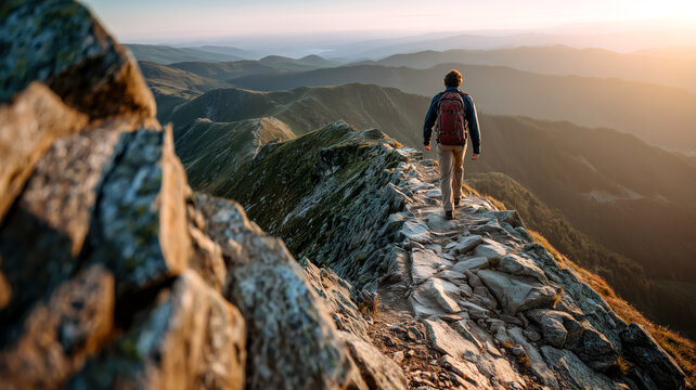 Man walks a narrow mountain path bathed in golden hour light