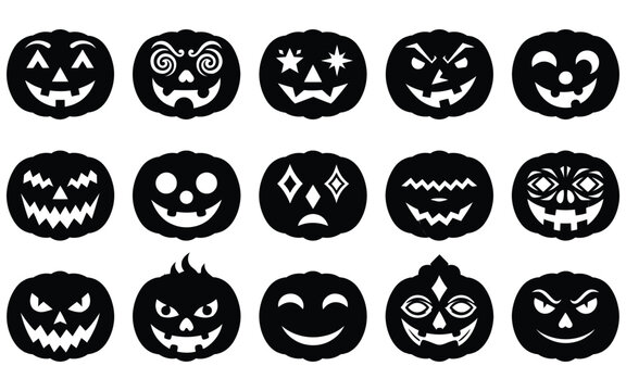 Set of spooky halloween vector elements featuring various carved pumpkin faces with different expressions for holiday design projects
