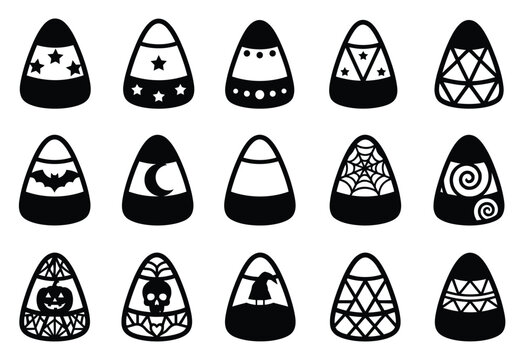 Set of decorative halloween vector elements featuring various patterned candy corn icons for seasonal holiday design projects