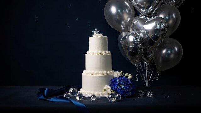 Wedding cake with three tiers is displayed on a table next to a blue floral arrangement and silver helium balloons.