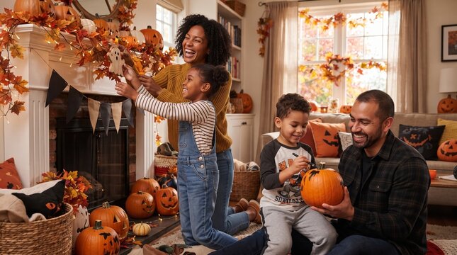 A happy family decorates their home with festive autumn and Halloween accents, creating a warm and joyful atmosphere for the holiday season.