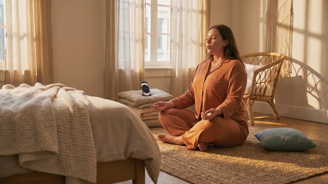 Woman Practicing Guided Breathing at Home Using Phone App