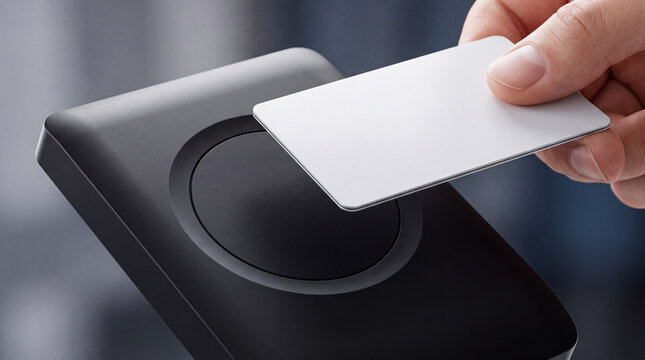 Close up of a hand tapping a white card on a contactless payment terminal reader