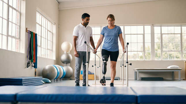 Physical Therapist Helping Woman with Prosthetic Leg Walk Indoors