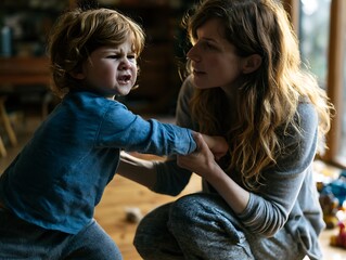 Fototapeta premium A mother manages a distressed, screaming toddler. Symbolizes parenting challenges, tantrums, emotional development, patience, and family dynamics.