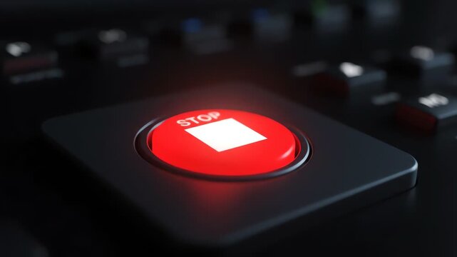 Close up of a glowing red stop button on a dark grey control panel device