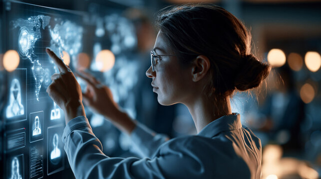 Rear view of a professional european HR manager using a bright futuristic digital interface to analyze a global talent pool and select a candidate in a clean modern office