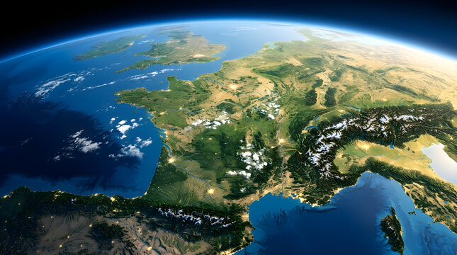 Satellite view of western europe showing france and surrounding countries from high altitude in outer space
