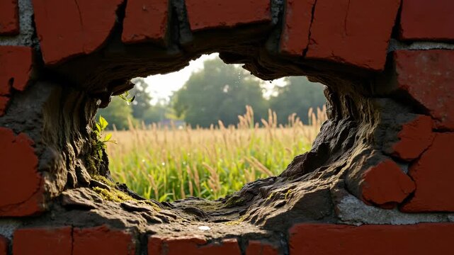 A crumbling red brick wall has a large hole through which you can see the outside scenery.