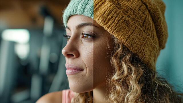 Split screen: woman with yellow and teal beanies, natural beauty, comparison