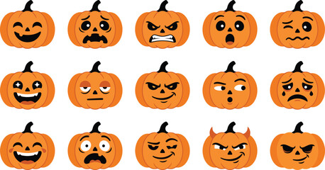 Obraz premium Halloween pumpkin faces with different emotions on white background