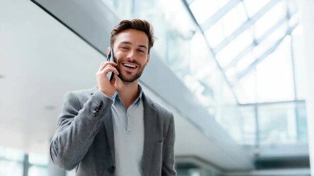 A professional man in business attire is holding a smartphone while walking through a modern office space with glass walls and skylights.