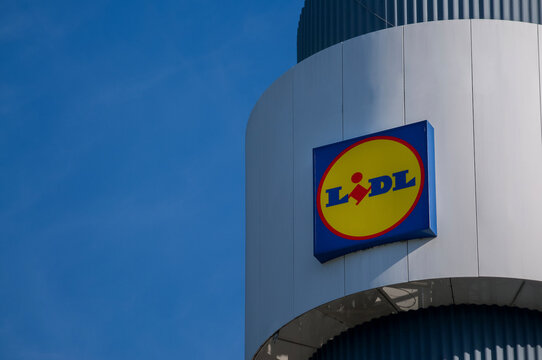 Lidl logo sign on modern architectural tower with copy space in Balerna, Switzerland