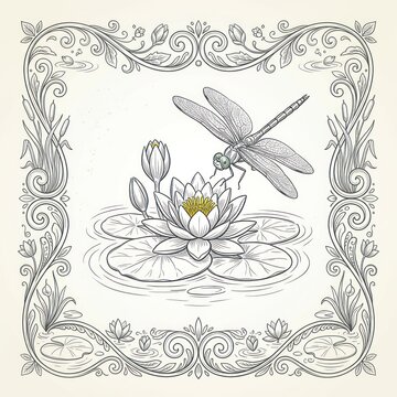 A serene illustration of a dragonfly hovering over a blooming lotus flower on a pond, surrounded by an ornate leafy border