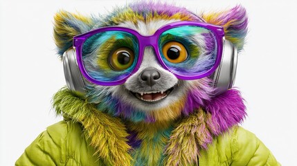 Obraz premium Colorful lemur wearing glasses and headphones. Fun animal character with vibrant fur style.