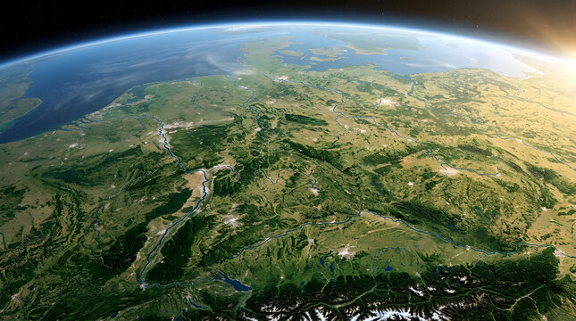 Stunning aerial view of the earth surface seen from space with a bright sunrise over the horizon