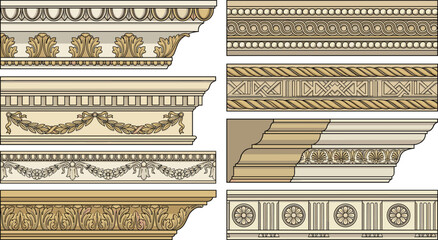 Collection of classical architectural moldings with ornate cornices and decorative frieze patterns © DILIP