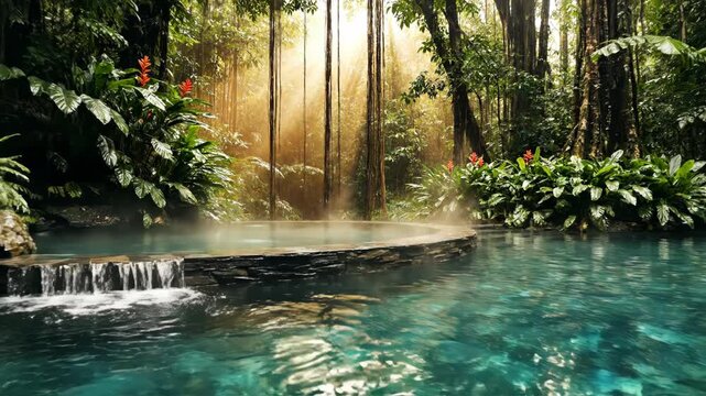 Steaming turquoise infinity pool with stone waterfall in a tropical rainforest, framed by large monstera leaves and lush ferns under soft misty jungle light.