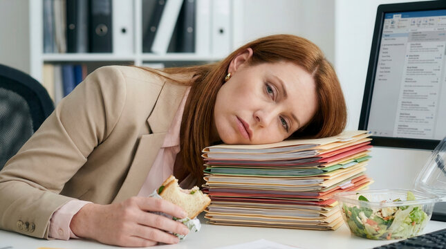 Sleepy employee resting head on stack of documents holding sandwich, office work exhaustion and burnout