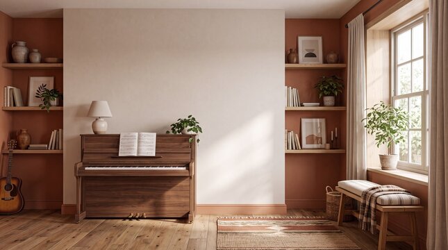 Klavier an leerer Wand im gem&uuml;tlichen Musikzimmer