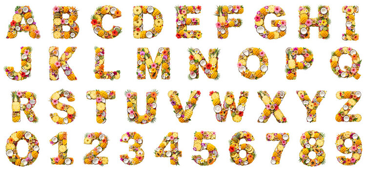 Complete Alphabet and Numbers Made from Fresh Mixed Fruits on Transparent Background