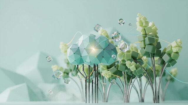 Cloud composed of geometric polygons rests above a stylized forest of cube trees in this soft pastel environment.