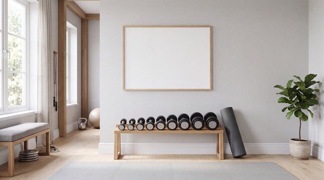 Helles Heimfitnessstudio mit Hanteln und leerem Bilderrahmen