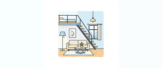 Cozy loft apartment interior with sofa and stairs © Joni