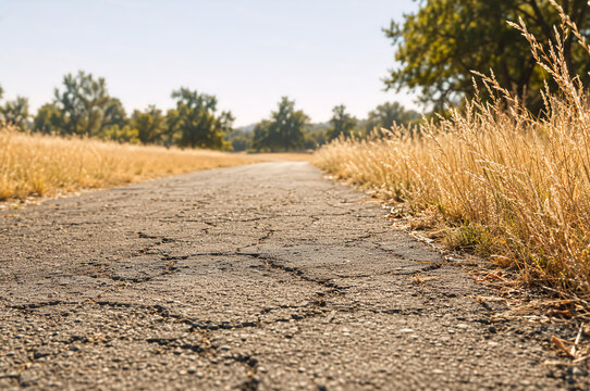 Cracked asphalt path winding through a dry grassy field. Rural scenery with golden meadow and trees. Travel and journey concept. Outdoor landscape nature background with empty road.