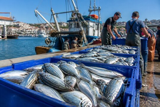Fishermen unloading fresh fish from crates on harbor dock