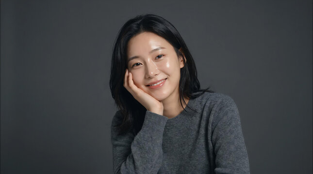 Portrait of a beautiful young Asian woman. Smiling girl with natural skin on grey background.