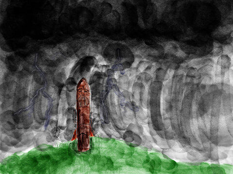 Wooden Odin Statue Against Dark Stormy Sky, Norse Mythology God Totem Carving on Green Hill with Lightning, Watercolor Illustration
