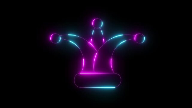glowing neon Jester joker Hat Icon Animation Neon Clown Hat with Bells. Casino gambling. Colorful Circus Festival, Jester Character, Party Celebration and Entertainment Symbol 4K Loop..