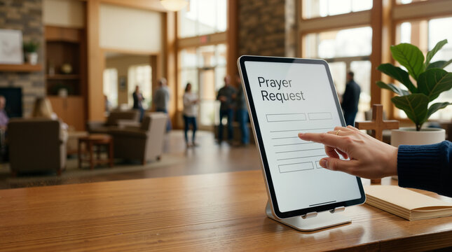 Person filling out a digital prayer request form on a tablet. Hand touching screen in a modern church lobby with blurred congregation in background. Technology and faith concept