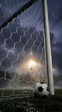 Fu&szlig;ball am Tornetz im Flutlicht bei Regen und D&auml;mmerung