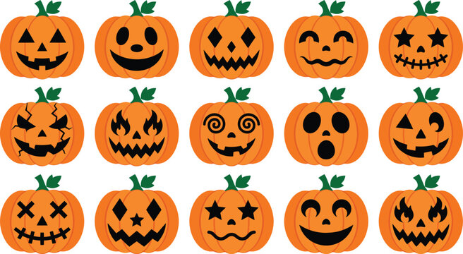 Halloween pumpkin faces illustrations in orange and black colors