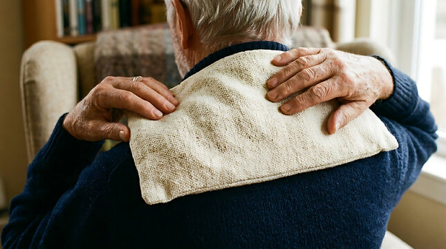 Elderly man applying a hot pack to his sore shoulder, seeking relief from pain
