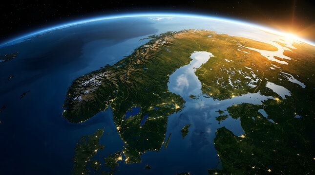Stunning view of northern europe and scandinavia from space showing city lights at night with sunrise