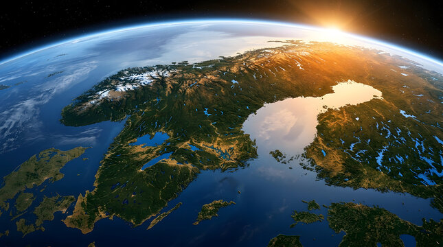Stunning aerial view of the earth showing the scandinavian peninsula and baltic sea at sunrise from space